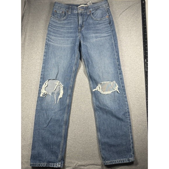 Levi’s Low Pro Straight Medium‎ Wash Blue Denim Jeans Women Size 26 Distressed - Picture 1 of 6
